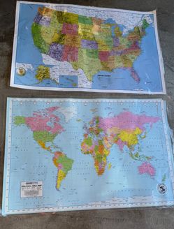 LOT OF 2 LAMINATED MAPS - USA AND WORLD 24X36"