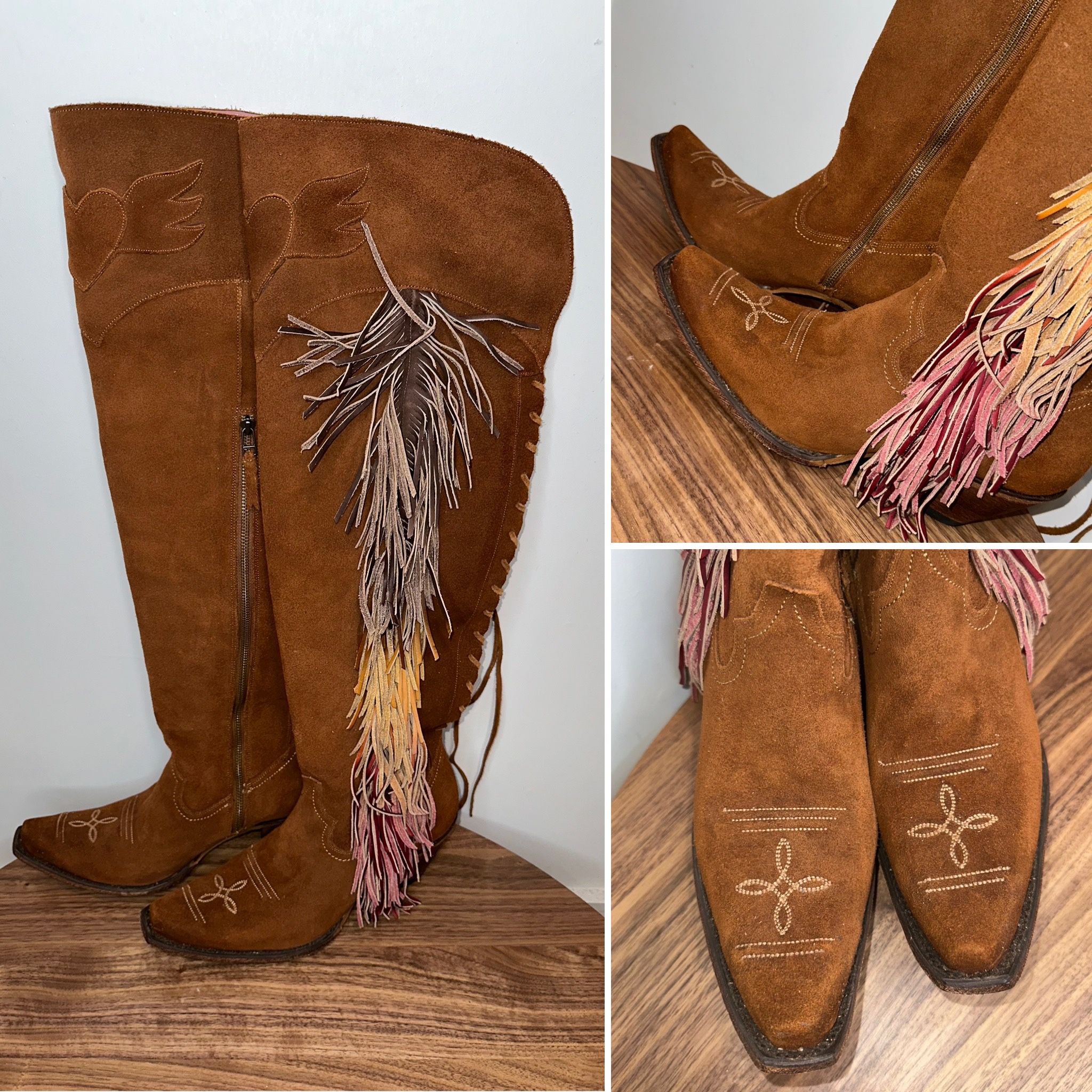 Junk Gypsy by Lane, “Spirit Animal” Boots, Women’s Size 11, Chestnut Real Suede | Boho Fringe | Over-the-Knee