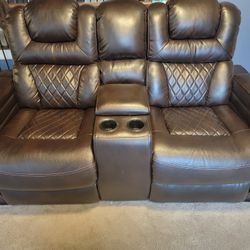Ashley Furniture Warnerton Power Reclining Leather Sofa & Loveseat Set – Brown