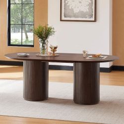 Brand New- 79" Oval Dining Table In Walnut Color With 2 Fluted Double Pedestal Column Base