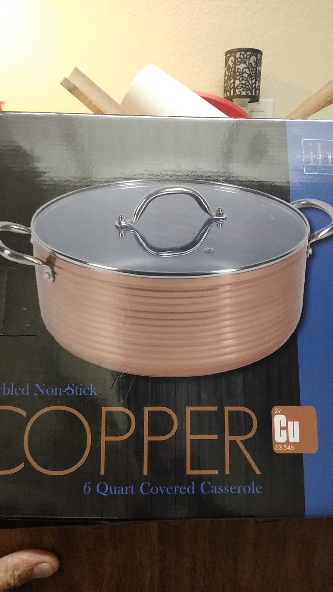 Inspired home marbled non-stick copper 6 quart covered casserole pan
