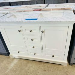 48 in. W x 22 in. D in White Double Bath Vanity with Carrara Marble Top $729  