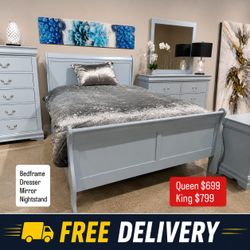 4 piece queen size bedroom set | bed frame , dresser ,mirror ,nightstand