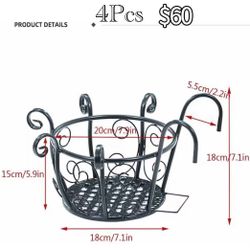 😀 4Pcs Wall-Mounted Flower Basket, Hanging Railing Planter Flower Pot Holder Basket with Hooks, Plant Hanger Decoration for Outdoor Balcony Garden
