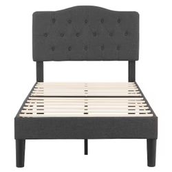 Twin size Upholstered Platform Bed with Button-Tufted Headboard Wood Slat Support Easy Assembly