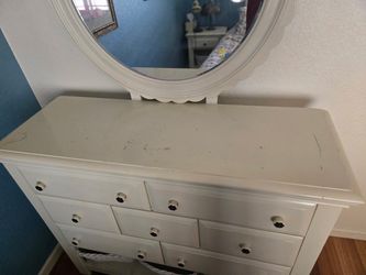 White Wood Dresser with Oval Mirror and nightstand