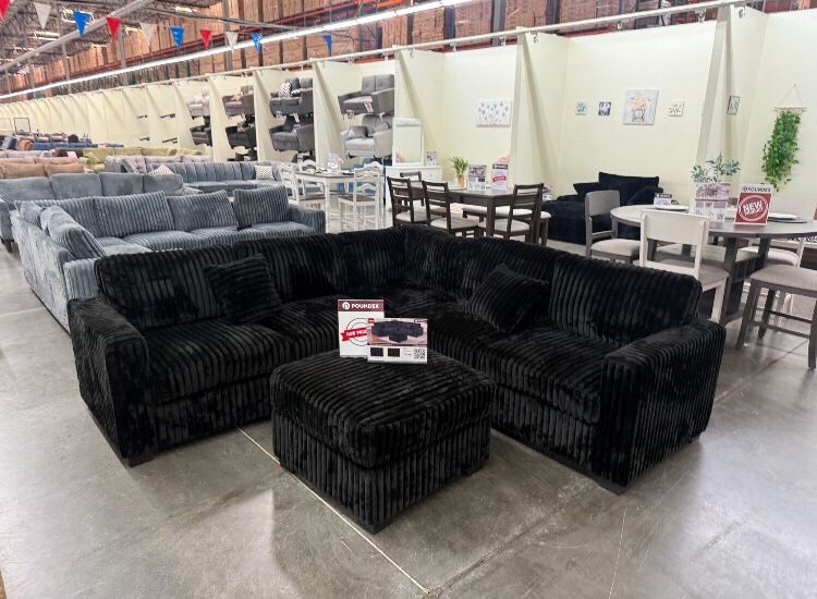 Stylish Black Sectional Sofa With Ottoman Black Fur like Jumbo Corduroy