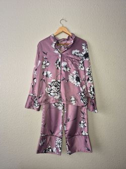 Linea Donatella Purple Floral Satin Pajama Set Women's M Button Front Pants