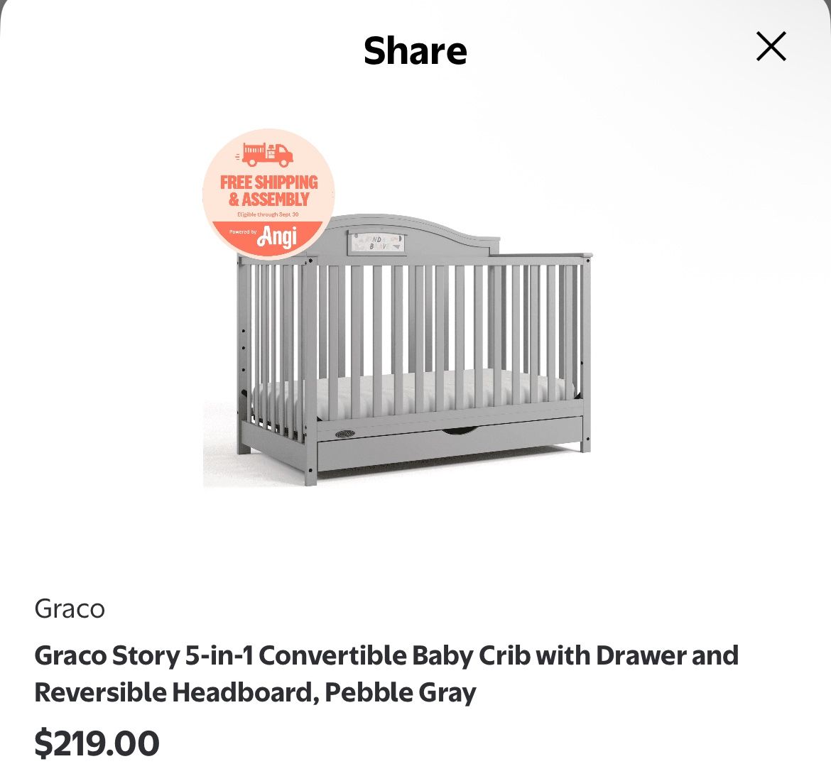 Graco Story 5-in-1 Convertible Baby Crib with Drawer and Reversible Headboard, Pebble Gray