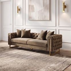 Brown Sofa gold legs button tuft pillows included brand new in box firm price $750