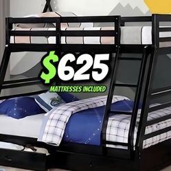 Twin Full Black Bunkbed With Ortho Mattress Included