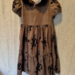 Girls Laura Ashley London Brown Plaid Floral Frock Winter Party Dress Size 5 Belt loop strings, but belt not included  Small snag on side as shown in 