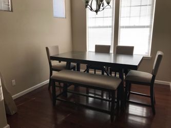 Dark Grey Wood Dining Table Set with Bench