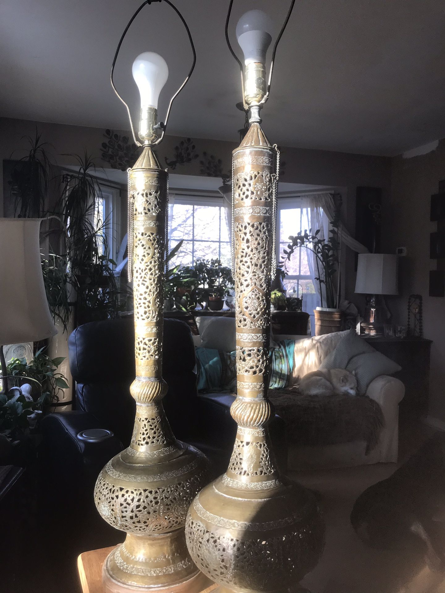 2 vintage rare mid century style brass lamps