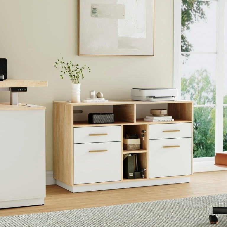 Wood File Cabinet with Lock, Storage Cabinet with 4 Drawers for Home Office, Open Storage Cubes, Lateral Filing Cabinet for A4/Letter Files