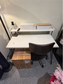 White Desk + Brown Office Chair Bundle - Hairpin Legs