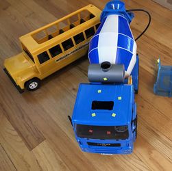 Cement mixer, school bus