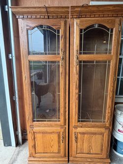 Oak Cabinet with Leaded Glass Doors