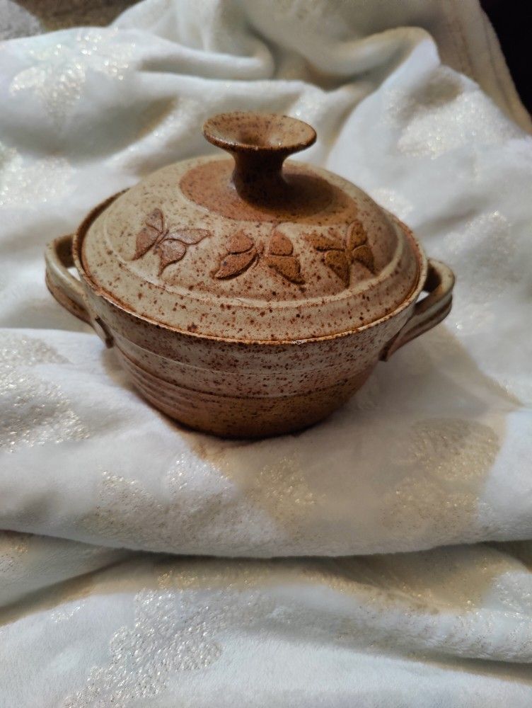 Vintage Stoneware Pottery Dish With Butterflies