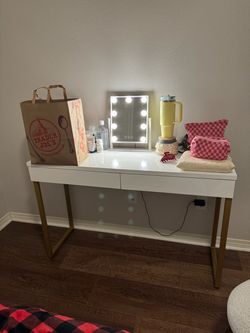 White and Gold Vanity Desk with Drawers