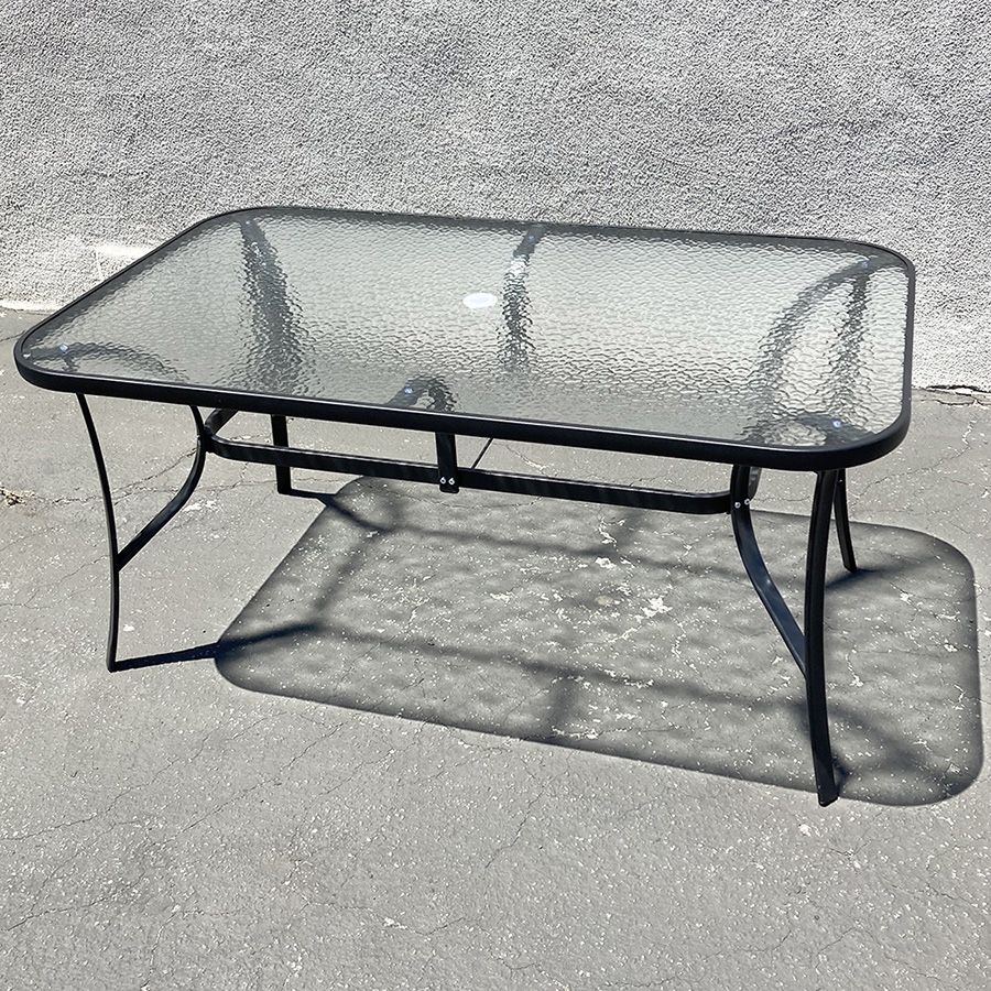 (Brand New) $80 Rectangular Metal Patio Table 59x36x28” Tempered Glass with Umbrella Hole