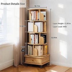 5 Tier Rotating Bookshelf, 360° Display Round Spinning Bookshelf with Wheels, Space-Saving, Small Space Rotating Bookshelf Tower for Bedroom, Living R