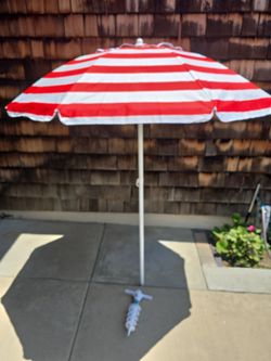 Beach Umbrella Red and White Stripes with Sand Anchor