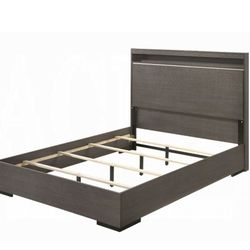 King Size Grey Finish Bed Frame W/ LED On Headboard
