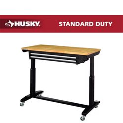 Husky Tool Storage 46 in. W x 24 in. D 2-Drawer Adjustable Height Black Worktable with Solid Wood Top