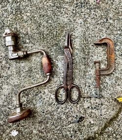 Vintage Hand Tools Lot – Hand Brace, Scissors, Clamp – Old Steel & Patina