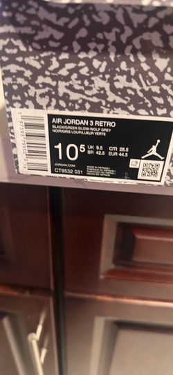 Air Jordan 3 Retro CT8532-031 Men's 10.5 Shoes Black Green Glow Leather Sneakerspre-owned