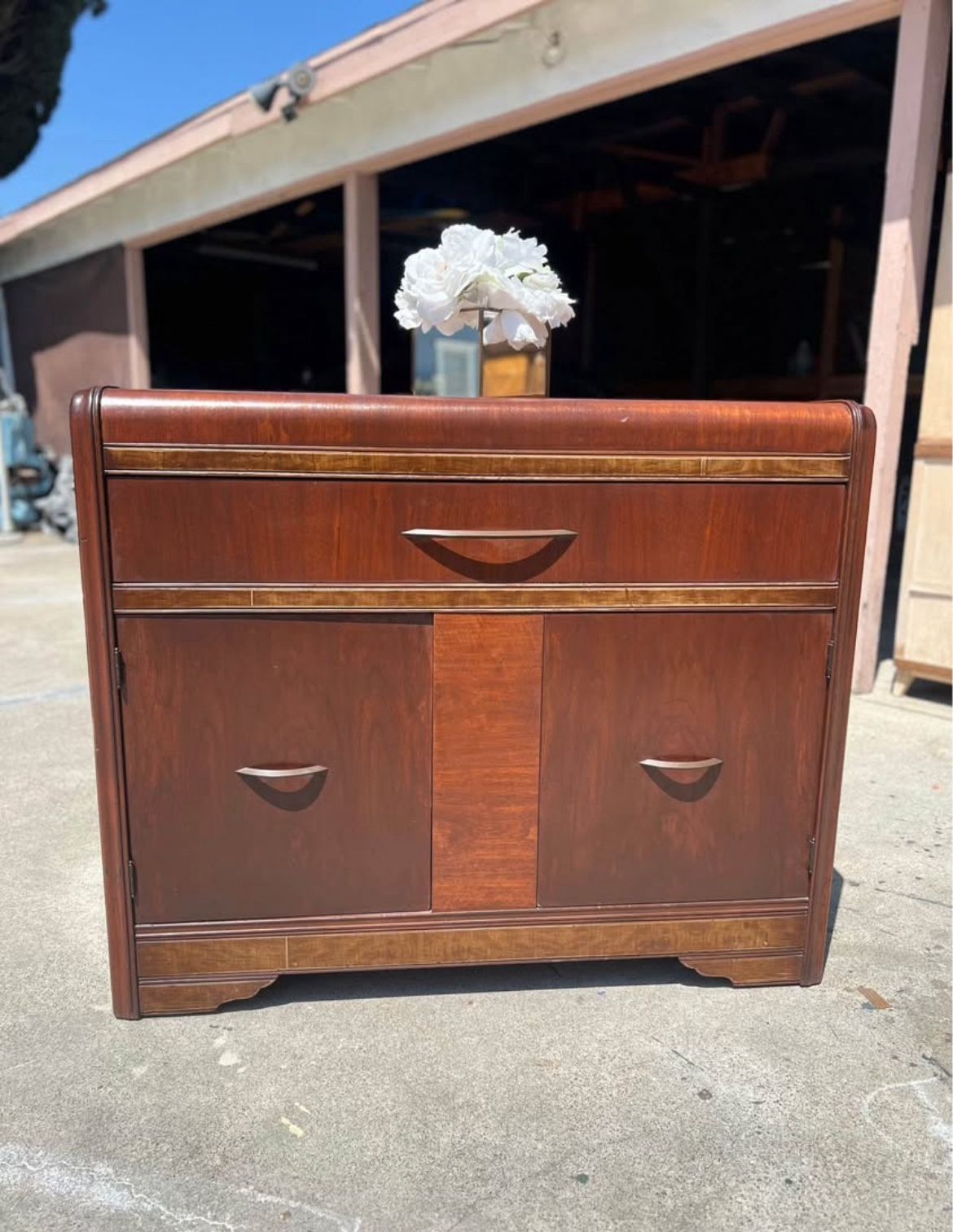 Vintage Art Deco Waterfall Storage Cabinet Solid Wood