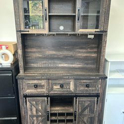 OKD Farmhouse Bar Cabinet with Sliding Barn Door, 72" Rustic Buffet with Hutch with Wine and Glasses Rack