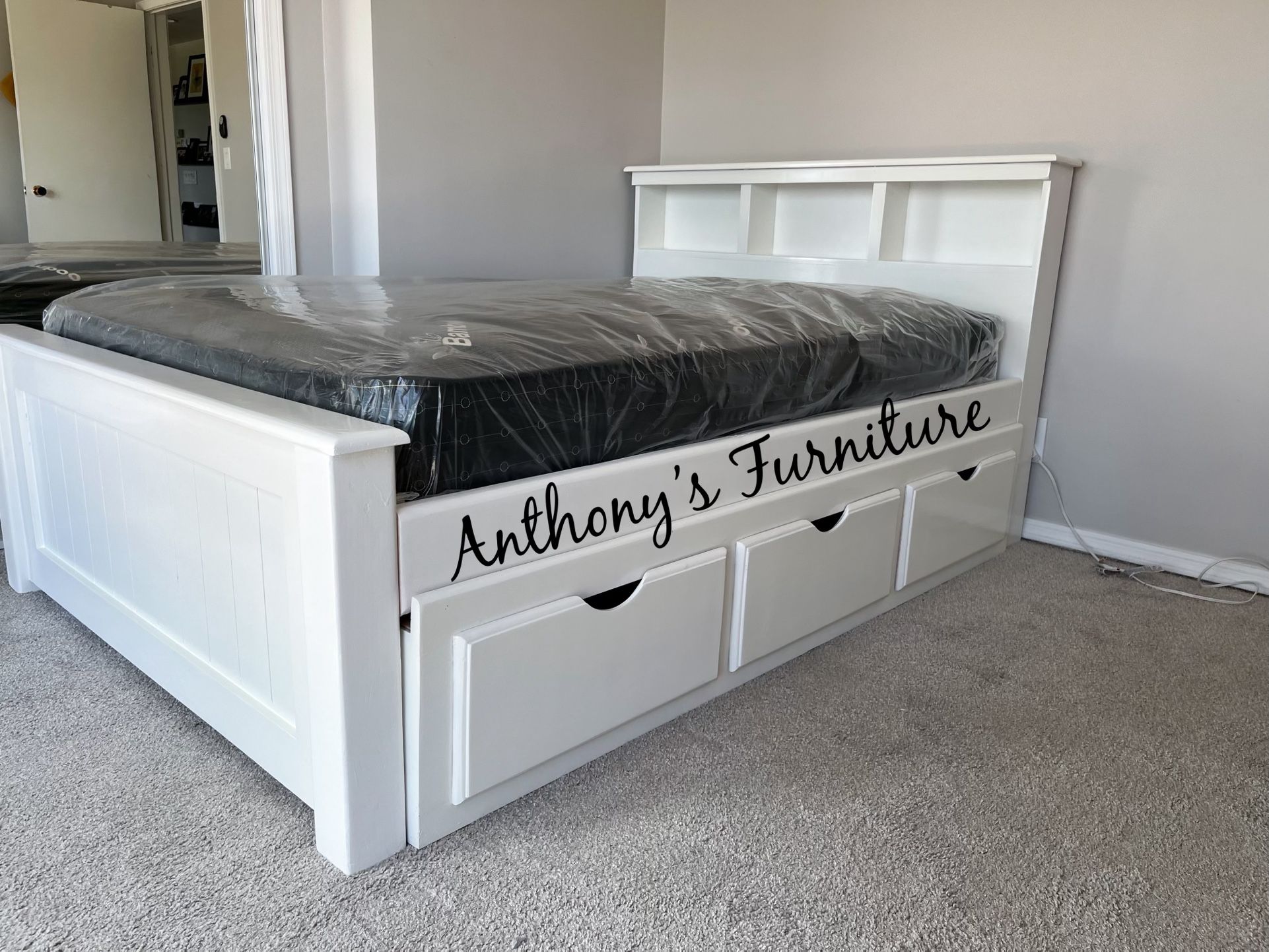 Solid Wood White Full Azure Bed & Bamboo Mattress + Drawers 