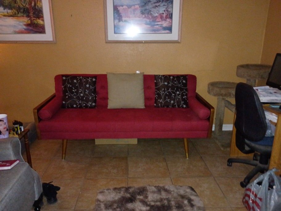 Red Cushioned Real Wood Trimmed Couch