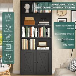 6 Tier Bookshelf with Doors, Tall Standing Bookcase Industrial Bookshelves Floor Standing 6 Shelf Display Storage Shelves 70.6 inches for Home Office,
