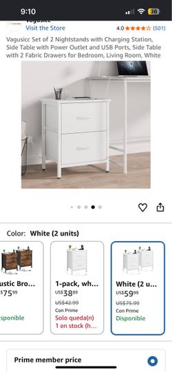 Vagusicc White Nightstand Set of 2 with Charging Station