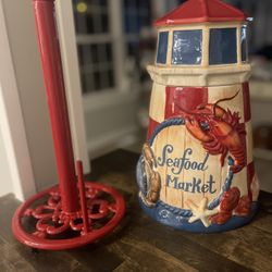 Lighthouse Cookie Jar and Red Iron paper towel holder
