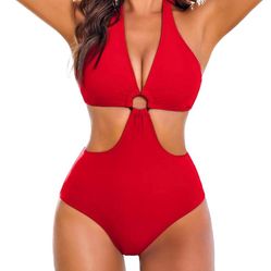 AI'MAGE Women's One Piece Swimsuits Tummy Control O Ring Cutout High Waisted Bathing Suit Tie Back Swimwear Size: Large  Color: Red