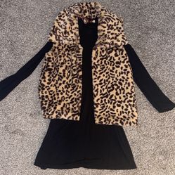 Little Girl Long Sleeve Black Dress With Leopard Fur Vest Size 4-5