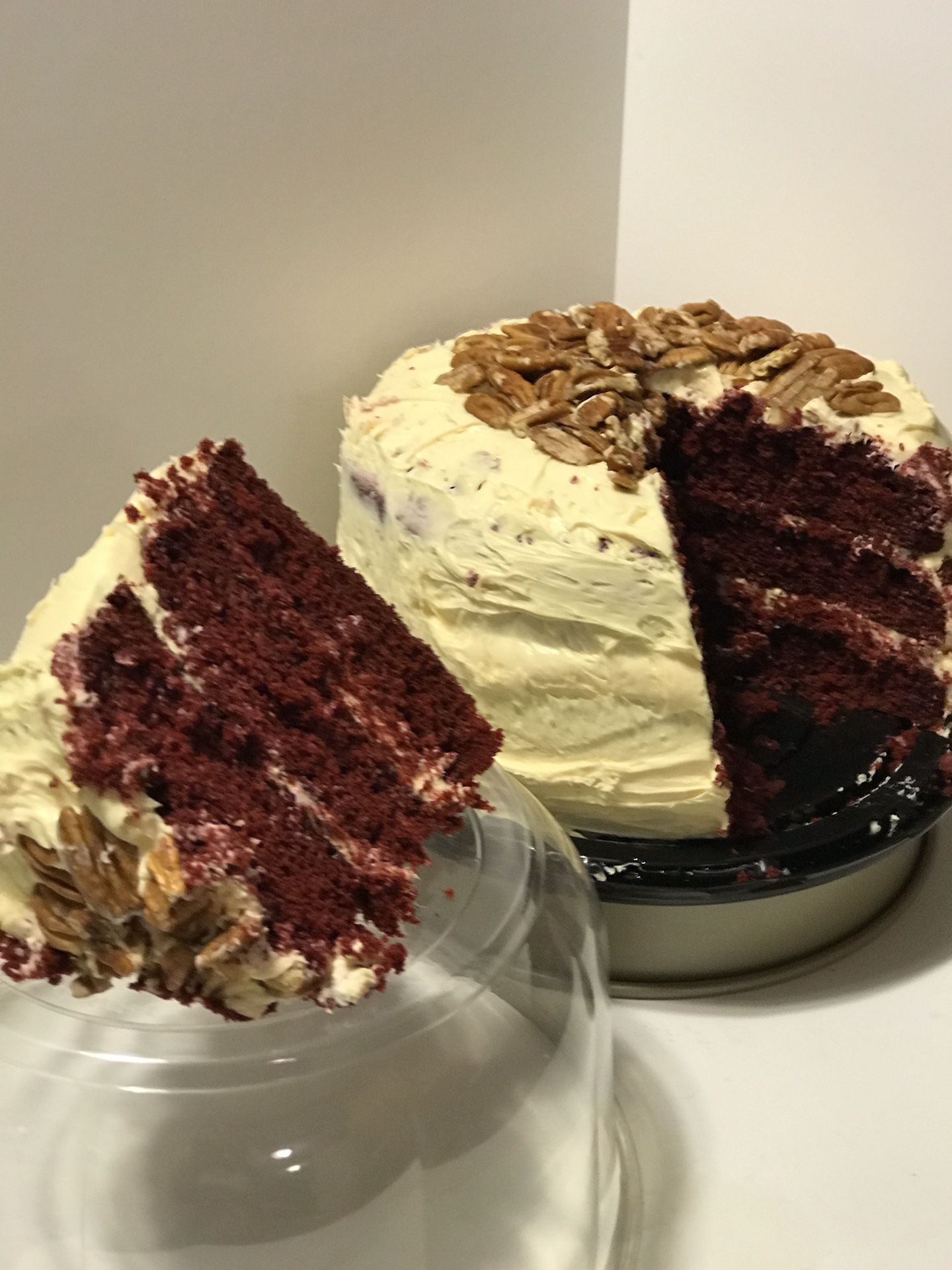Red Velvet 3 Layer Cake with Pecans! From Scratch! Purchase the Entire Cake For $32 or a JUMBO slice for only $5! Made Freshly everyday by request!