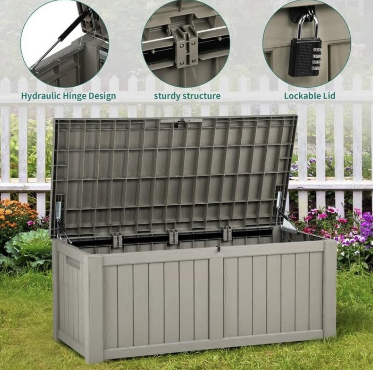 thumbnail image 2 of AWFHHT 100 Gallon Deck Box, Waterproof Resin Outdoor Storage Box With 2 of 13