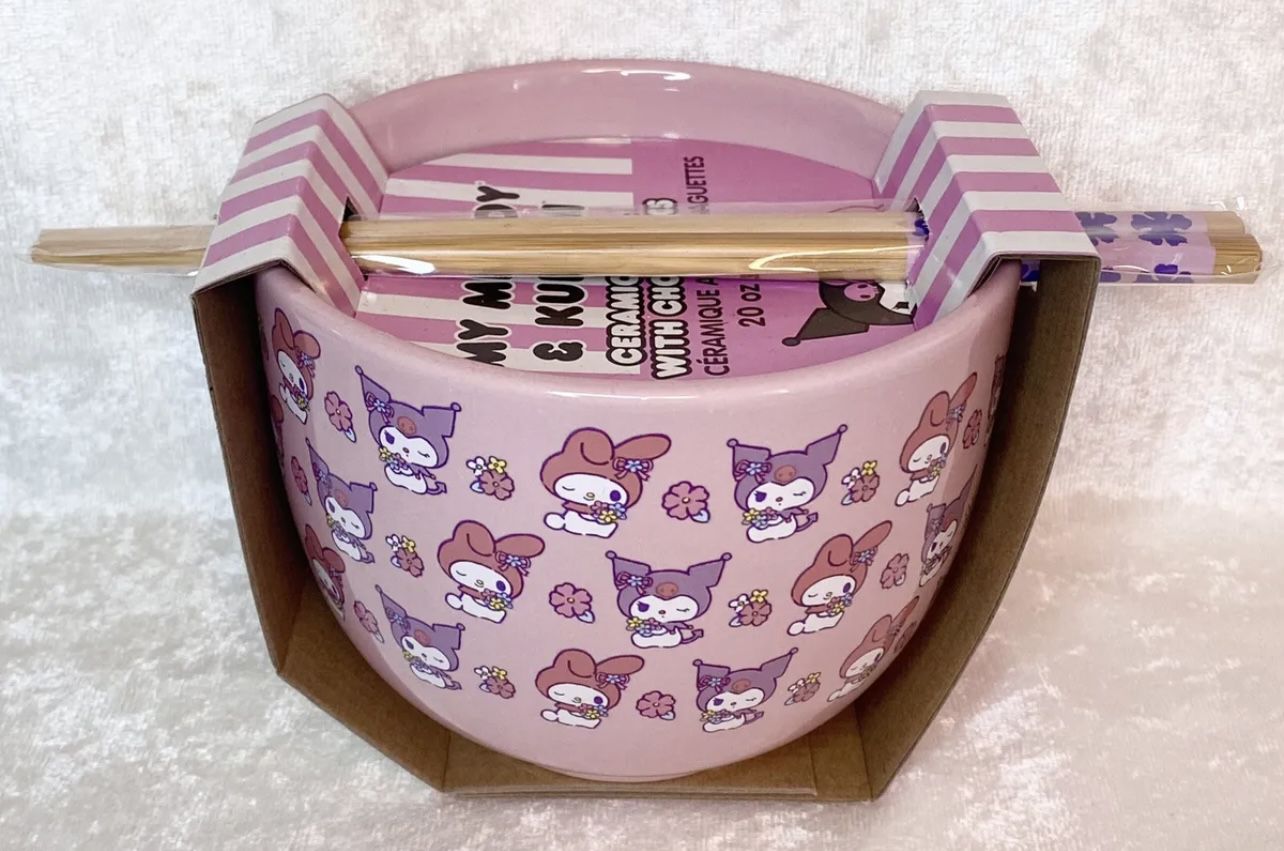 Sanrio Hello Kitty My Melody Kuromi Ramen Bowl with Chopsticks Pink NWT!