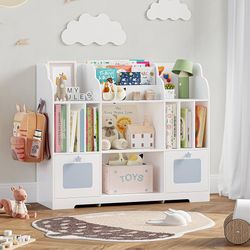 Toy Storage Organizer, 46'' Toy Shelf, Bookshelf with White and Blue Bookcase & 2 Storage Cubbies Toy Box, Toy Storage Cabinet for Playroom, Bedroom, 