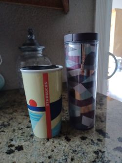 2 Starbucks tumbles ceramic and plastic  $15 each