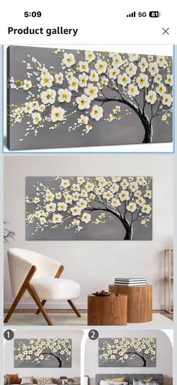 Large Flower Wall Art for Living Room Hand-Painted White Blossom Tree Wall Art Textured Floral Canvas Pai