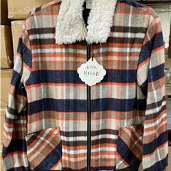 Knox Rose Plaid Sherpa Collar Zip Front Bomber Jacket Size Small