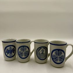 Set of 4 Blue & White Ceramic Coffee Mugs Scandinavian Folk Art Style