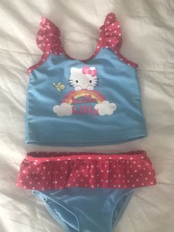 LITTLE GIRLS SIZE 3T SKY BLUE HELLO KITTY 2 PIECE SWIMMING SUIT WITH PINK & WHITE POLKADOT RUFFLE TRIM
