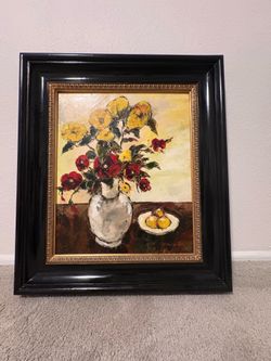 33” x 29” Original Art Floral Bouquet in Vase Impressionist Painting Ornate Frame